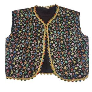 Vintage 60s Metallic Vest Kuchi Banjara Waistcoat Womens M Black Bejeweled